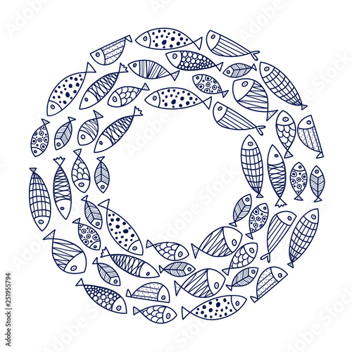 Wreath of fish. Linear decorative illustration.