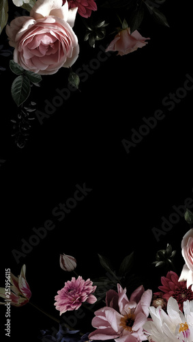 Garden flowers. Floral decoration. Black background for text and a frame of b...