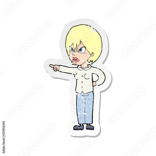 retro distressed sticker of a cartoon woman accusing