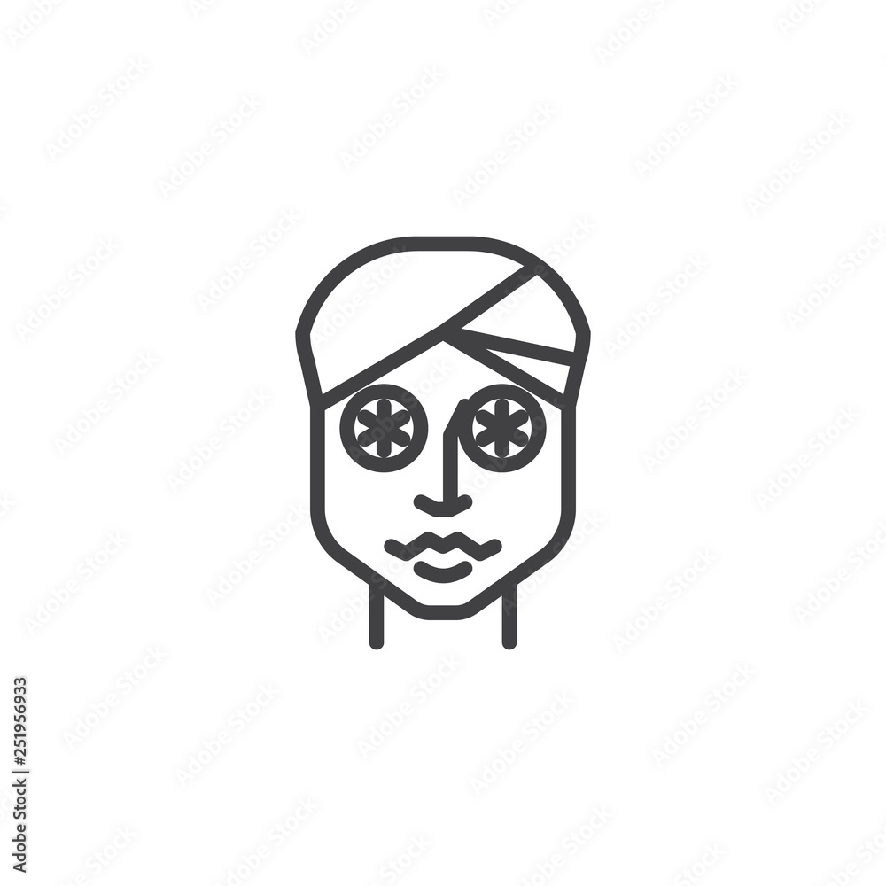 Cucumber face mask line icon. linear style sign for mobile concept and web design. Woman with sliced cucumber on her eyes outline vector icon. Spa treatment symbol, logo illustration. Pixel perfect