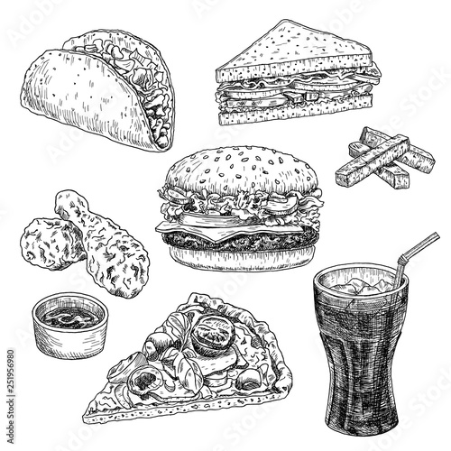Fast food hand drawn vector illustration. Hamburger, cheeseburger, sandwich, pizza, chicken, taco and cola, engraved style, sketch isolated on white background.
