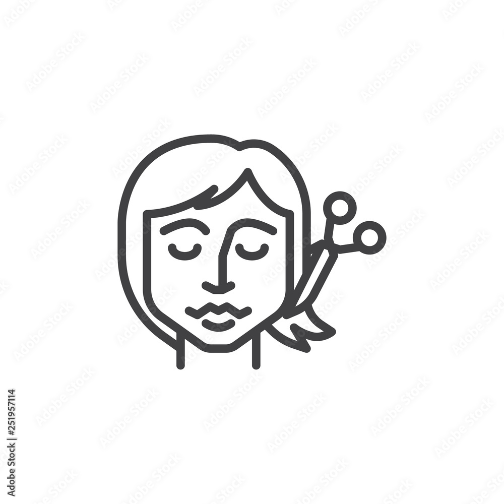 Cutting hair line icon. linear style sign for mobile concept and web design. Woman hair cut by hairdresser scissors outline vector icon. Symbol, logo illustration. Pixel perfect vector graphics