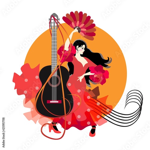 Flamenco logotype. Young spanish girl dressed in red dress  dancing against sun background. Black guitar  treble clef and musiacal rulers in shape of vortex.