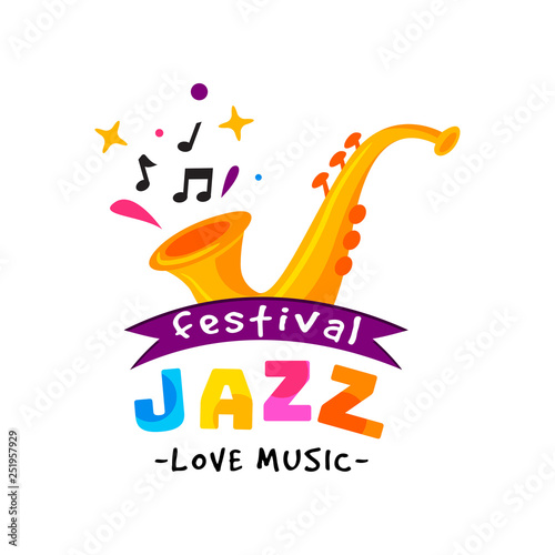 Abstract logo for jazz festival. Live music concert. Creative emblem with golden saxophone. Flat vector design