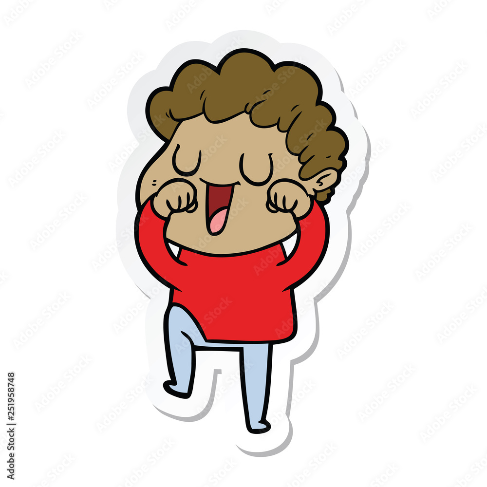 sticker of a laughing cartoon man rubbign eyes sticker of a laughing cartoon man rubbign eyes