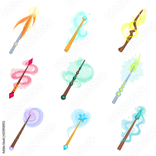 Flat vector set of different magic wands. Sticks with magical glow. Witchcraft theme colorful icons