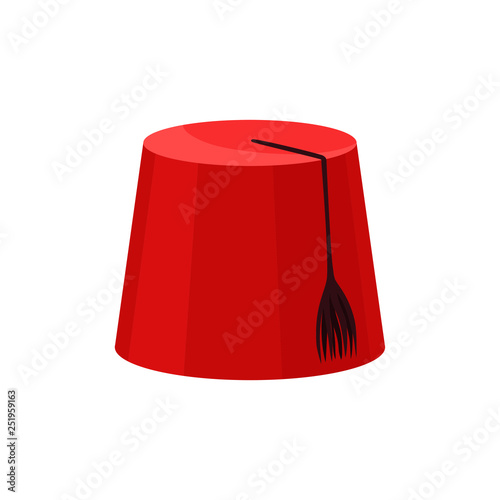 Red fez with black tassel. National Turkish headwear. Traditional felt headdress in cylindrical shape. Flat vector icon