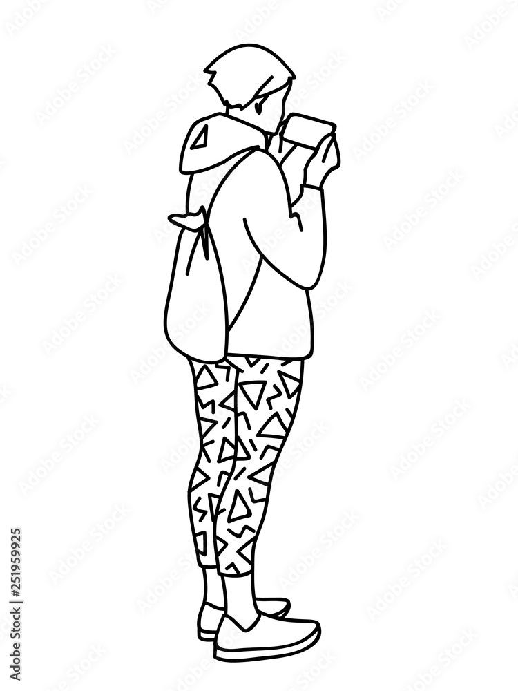 Teenage girl with backpack standing, attentively looking at mobile phone. Vector illustration of young woman checking social networks or watching video. Concept. Black lines on white background
