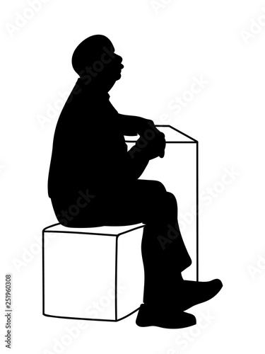 Old man crossing his hands, sitting on box and leaning on table. Stencil. Vector illustration of black silhouette of old man isolated on white background. Concept. Monochromatic minimalism