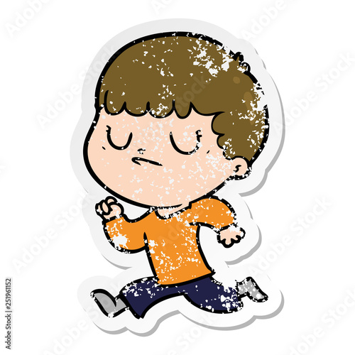 distressed sticker of a cartoon grumpy boy