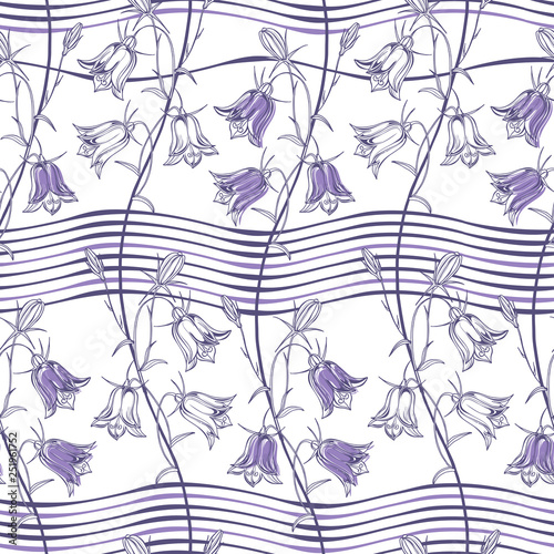 Seamless vector pattern with with flowers campanula on a striped background. Nature background.