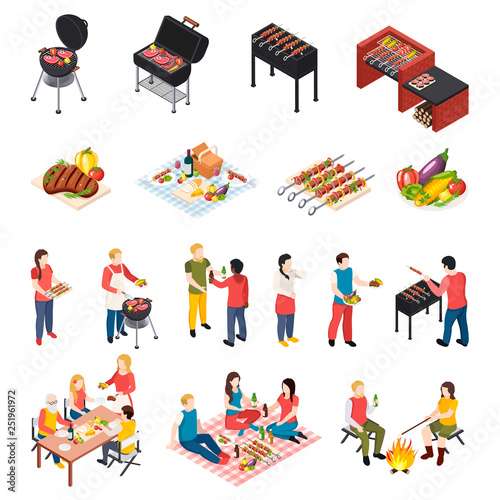 Isometic Bbq Grill Picnic Icon Set