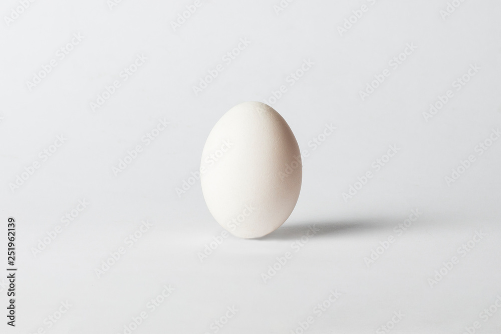 White Chicken Egg on a white background. Minimalism. Side view White Chicken Egg on a white background. Minimalism. Side view