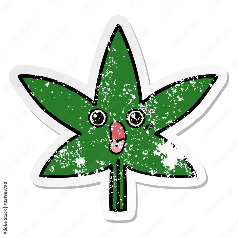 distressed sticker of a cute cartoon marijuana leaf distressed sticker of a cute cartoon marijuana leaf