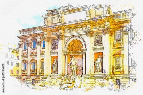 Obraz Akwarela szkic lub ilustracja pięknego widoku budynku i Fontanny di Trevi w Rzymie we Włoszech
