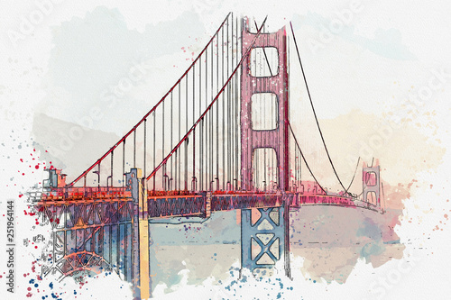 Watercolor sketch or illustration of the beautiful view of the Golden Gate Bridge in San Francisco in America