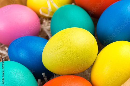 easter eggs in wooden bowl