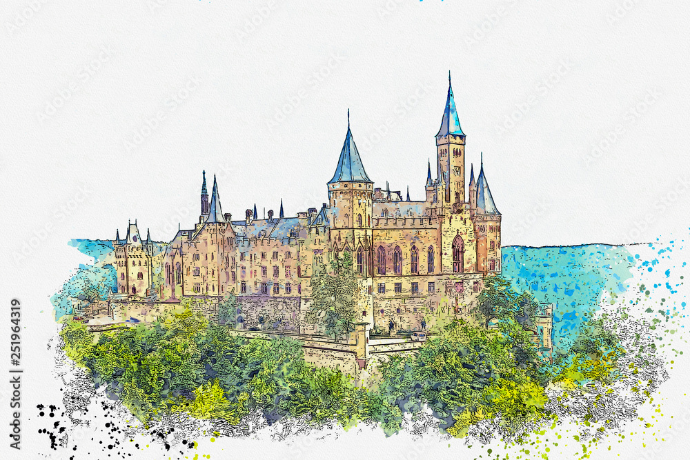 Watercolor sketch or illustration of a beautiful view of Hohenzollern Castle in Germany