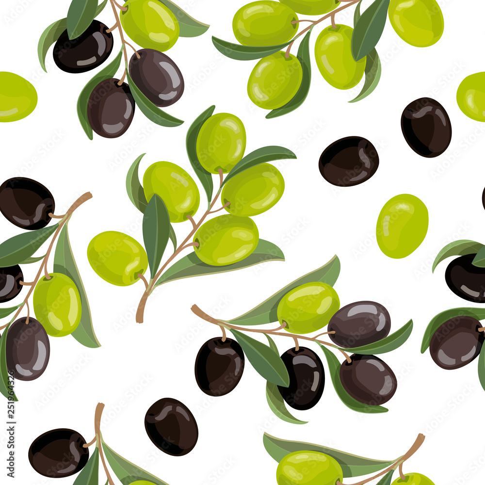 Olive branches, black and green olives seamless pattern Olive branches, black and green olives seamless pattern