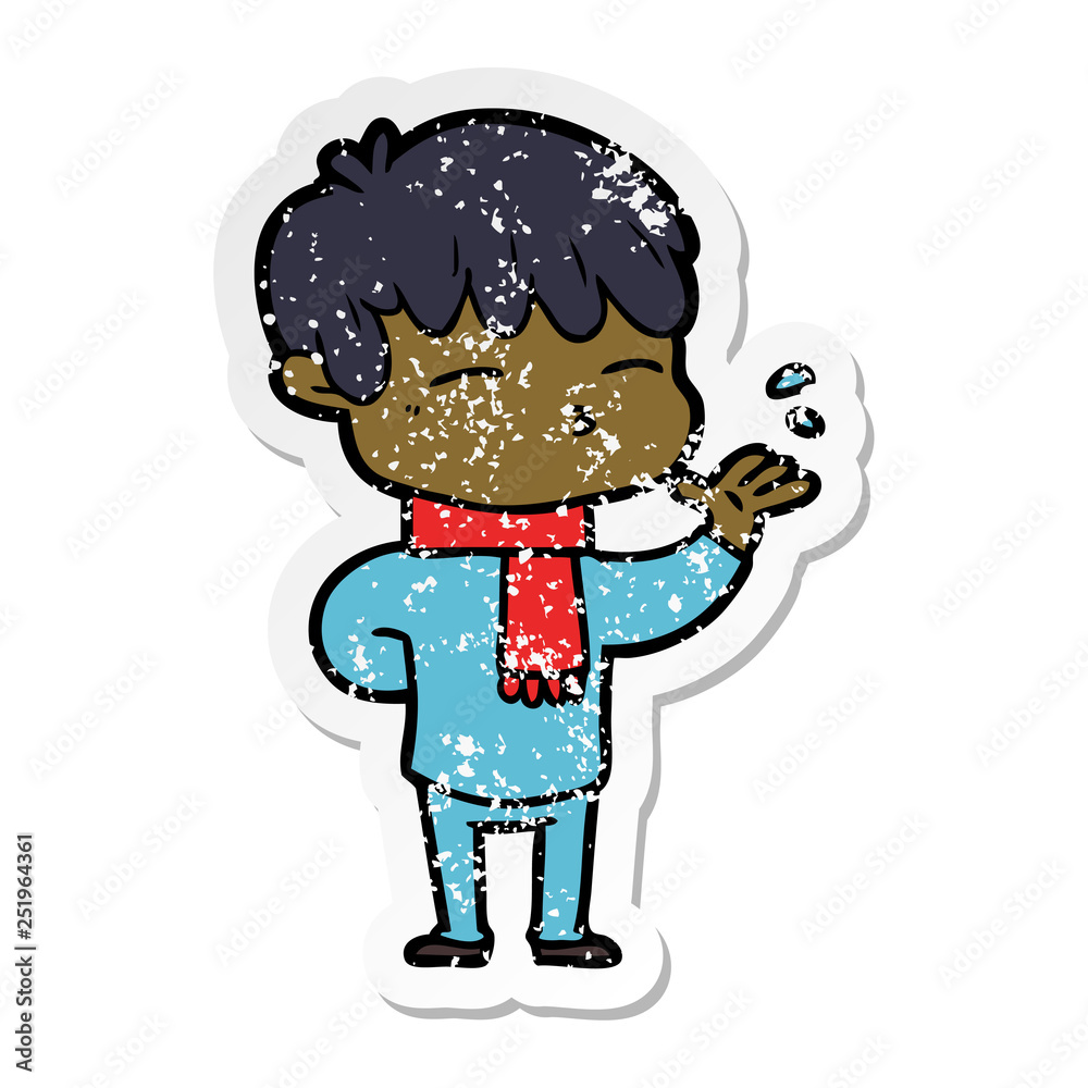 distressed sticker of a cartoon curious boy distressed sticker of a cartoon curious boy