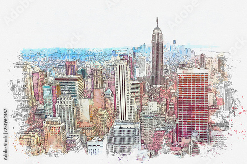 Watercolor sketch or illustration of a beautiful view of the New York City with urban skyscrapers