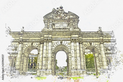 Watercolor sketch or illustration of a beautiful view of the Alcala Gate in Madrid in Spain