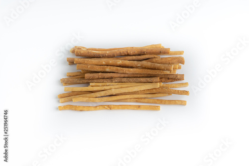 Natural toothbrush Miswak (Kayu Sugi) on white background 