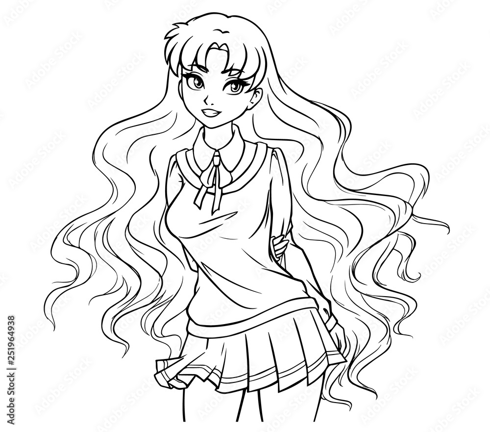 Cute cartoon school girl with wavy hair and big eyes. Hand drawn vector  illustration. Contour art for children coloring book. Stock Vector | Adobe  Stock