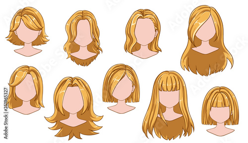 Beautiful hairstyle woman modern fashion for assortment. Ombre long, short hair, curly hair salon hairstyles and trendy haircut vector icon set isolated on white background. Hand drawn illustration.