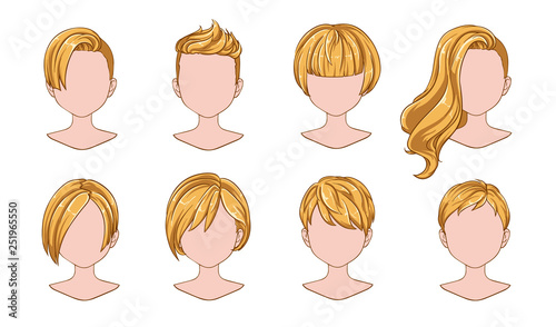 Beautiful hairstyle woman modern fashion for assortment. Blue short hair, curly hair salon hairstyles and trendy haircut vector icon set isolated on white background. Hand drawn illustration.