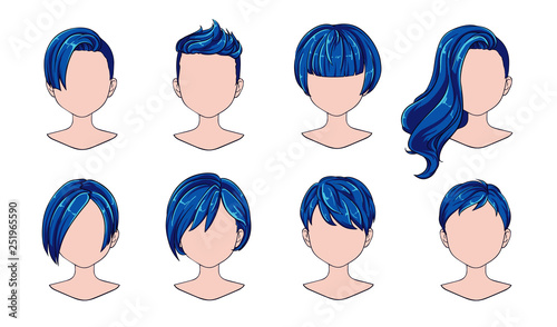 Beautiful hairstyle woman modern fashion for assortment. Blue short hair, curly hair salon hairstyles and trendy haircut vector icon set isolated on white background. Hand drawn illustration.