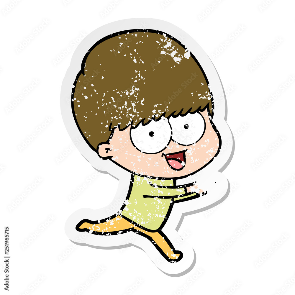 distressed sticker of a happy cartoon boy running distressed sticker of a happy cartoon boy running