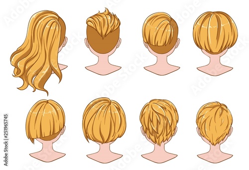 Beautiful hairstyle of woman hair. Rear view. modern fashion for assortment. long hair, short red hair salon hairstyles and trendy haircut vector icon set isolated on white background.
