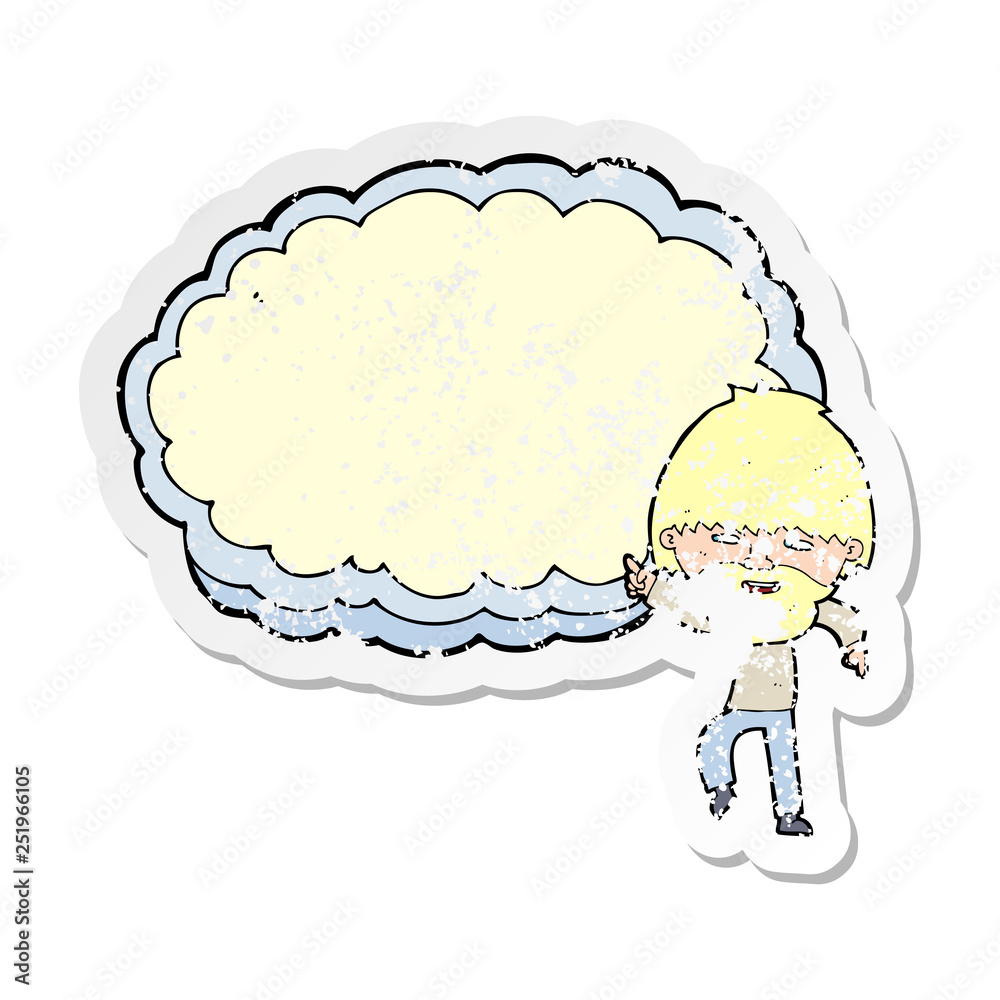 retro distressed sticker of a cartoon man pointing at text cloud space retro distressed sticker of a cartoon man pointing at text cloud space