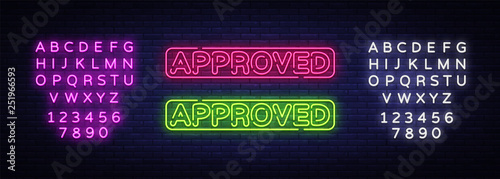 Approved neon text vector design template. Approved neon sign, light banner design element colorful modern design trend, night bright advertising, bright sign. Vector. Editing text neon sign