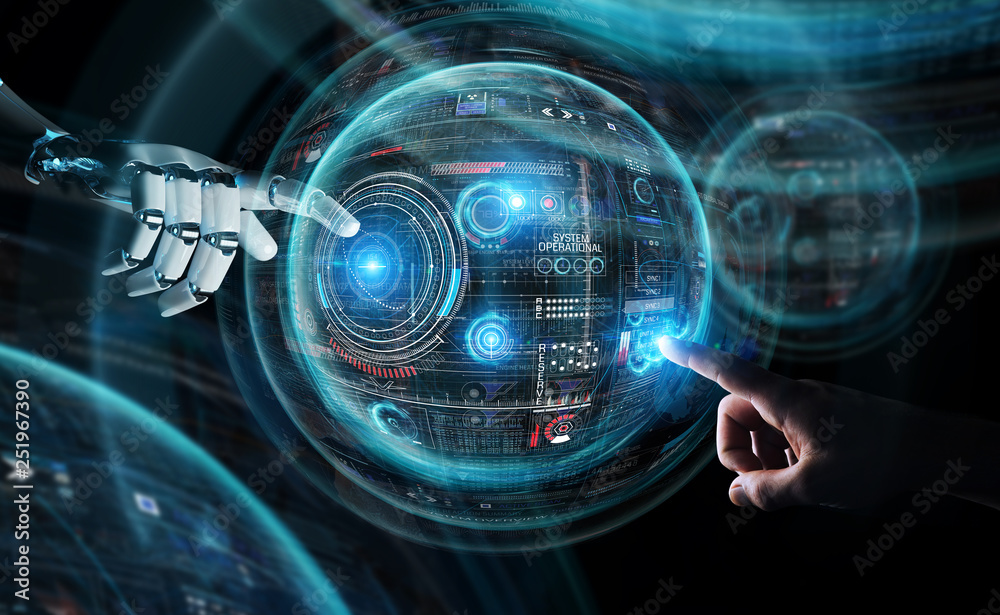 Robot hand and human hand touching digital sphere graph interface 3D rendering Robot hand and human hand touching digital sphere graph interface 3D rendering