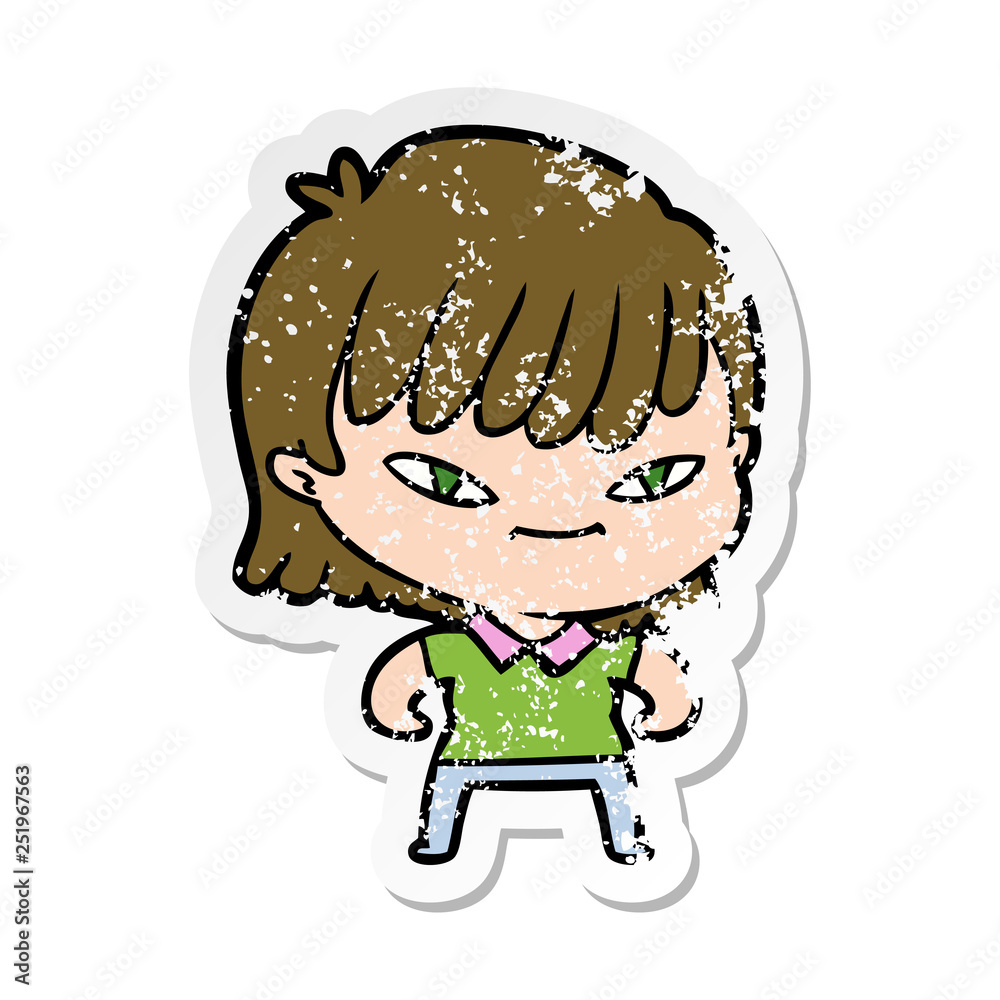 distressed sticker of a cartoon woman distressed sticker of a cartoon woman