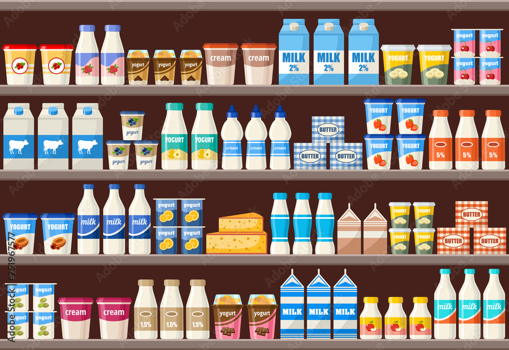 Counter with dairy products. Supermarket