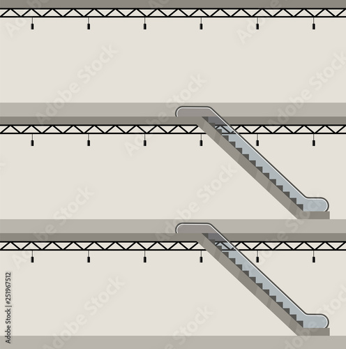 Building in a section. Three floors. Escalator