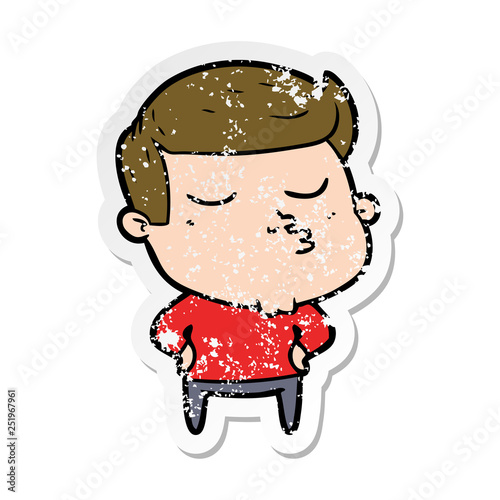 distressed sticker of a cartoon model guy pouting