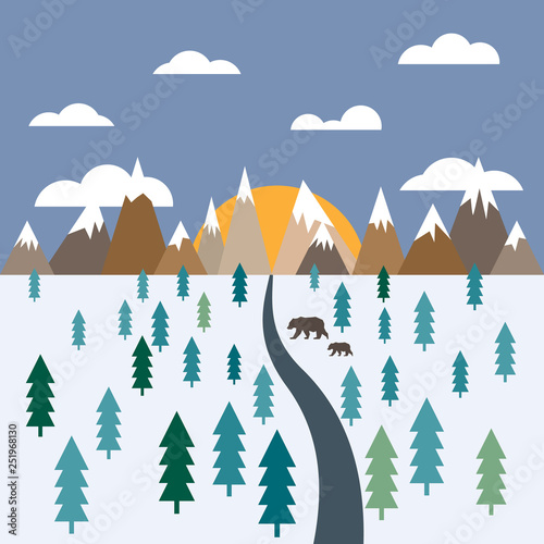 Mountains, Kamchatka, sun, bear, sun, forest. Vector illustration