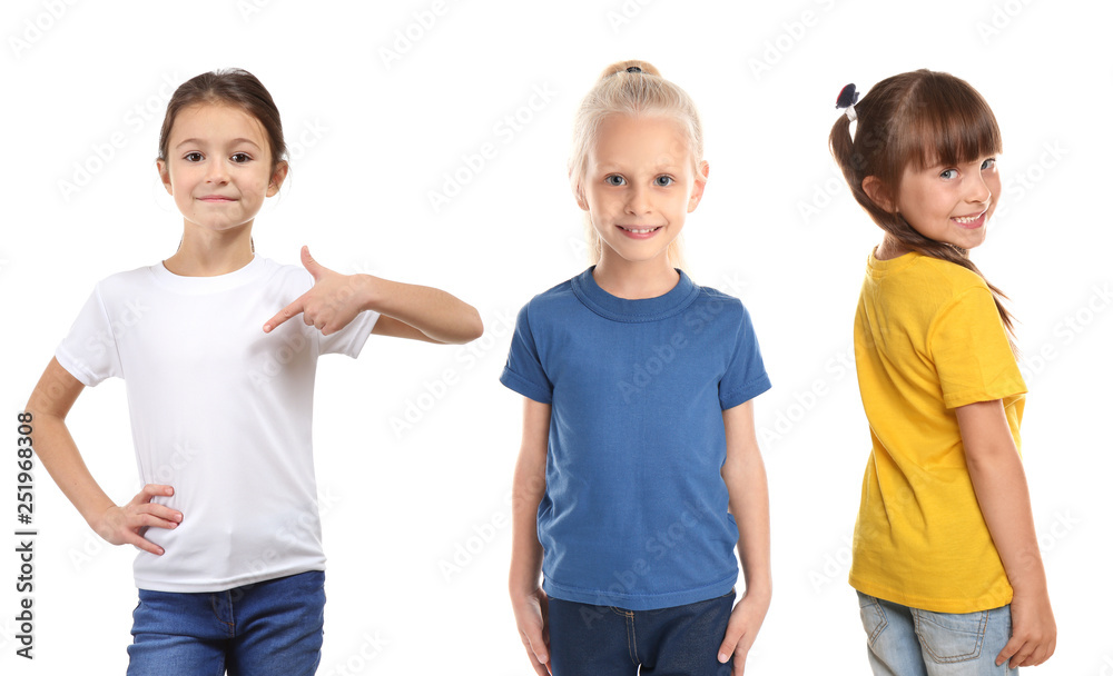 Cute girls in different t-shirts on white background Cute girls in different t-shirts on white background