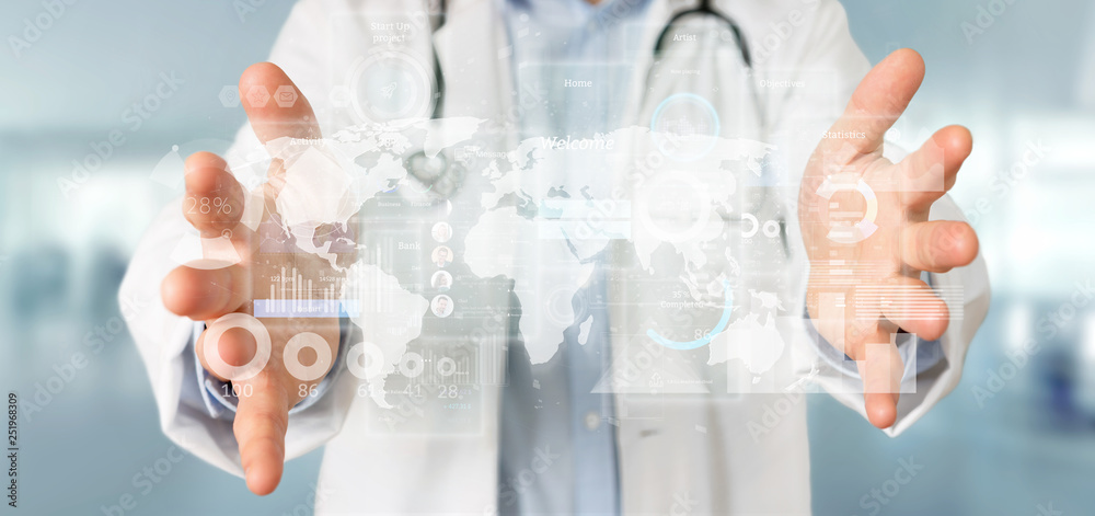Doctor holding User interface screens with icon, stats and data 3d rendering Doctor holding User interface screens with icon, stats and data 3d rendering