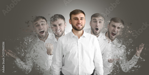 Different emotions of young man on grey background photo