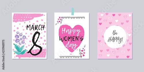 Set of International Women's day greeting cards. Happy women's day. Brush lettering. Hand drawn elements, hearts, flowers. Collection of 8 march poscards with greeting tags. Simple style. 