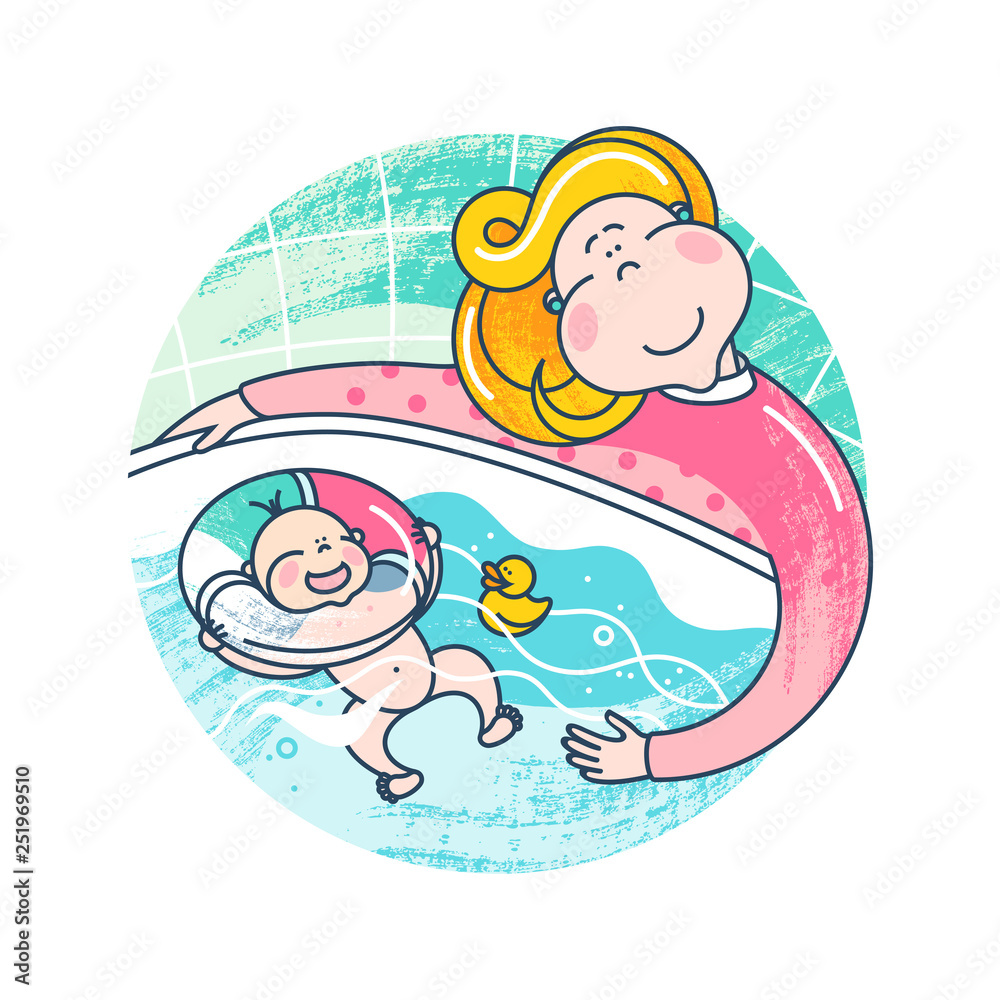 Logo isolated on white background. Happy mother with child. Mom bathes the baby in a large bathtub. The kid likes swimming. Logo isolated on white background. Happy mother with child. Mom bathes the baby in a large bathtub. The kid likes swimming.