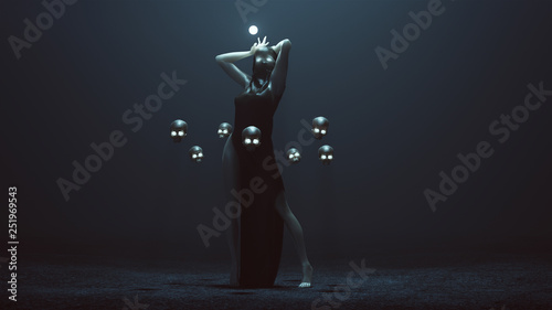фотографія Sexy Witch Demon Woman with Floating Skulls White Eyes and Glowing Orb in a Futu