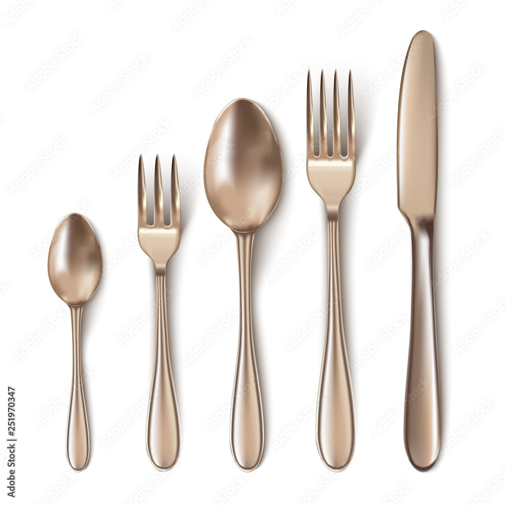 Modern 3d realistic bronze cutlery set with table knife, spoon, fork, tea spoon and fish spoon. Modern 3d realistic bronze cutlery set with table knife, spoon, fork, tea spoon and fish spoon.