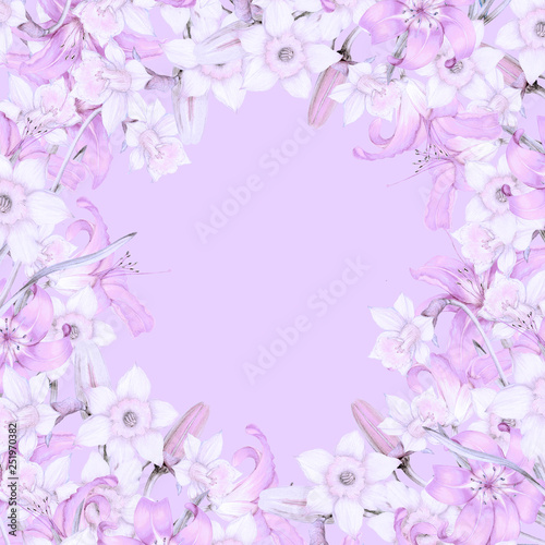 Hand drawn frame of violet flowers