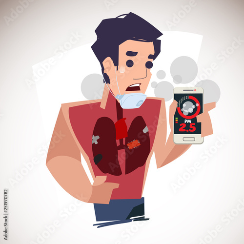 man showing PM 2.5 in dust meter application by smartphone and get bad healthy lung